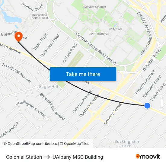 Colonial Station to UAlbany MSC Building map