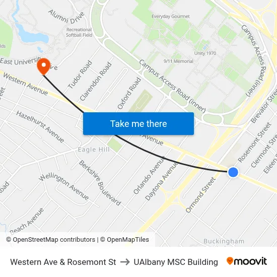 Western Ave & Rosemont St to UAlbany MSC Building map