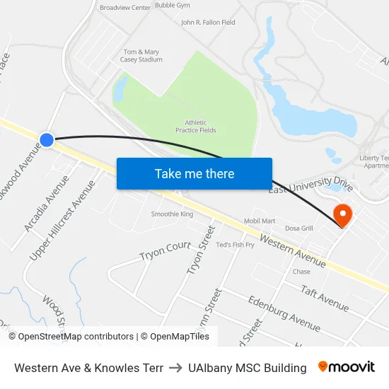 Western Ave & Knowles Terr to UAlbany MSC Building map