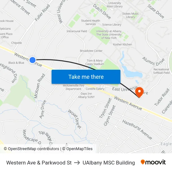 Western Ave & Parkwood St to UAlbany MSC Building map