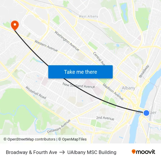 Broadway & Fourth Ave to UAlbany MSC Building map