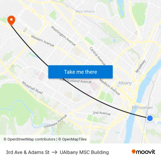 3rd Ave & Adams St to UAlbany MSC Building map