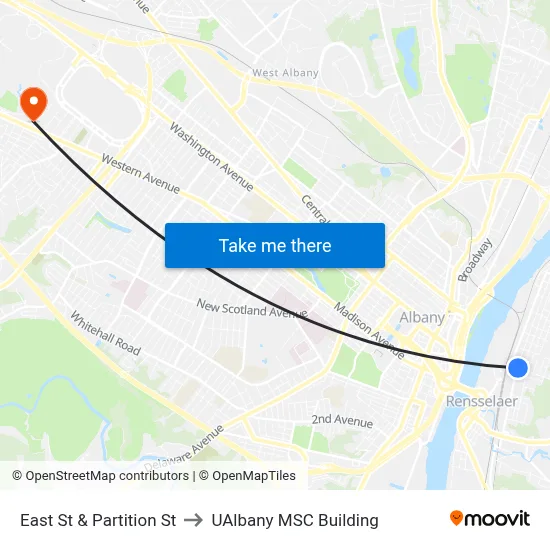 East St & Partition St to UAlbany MSC Building map