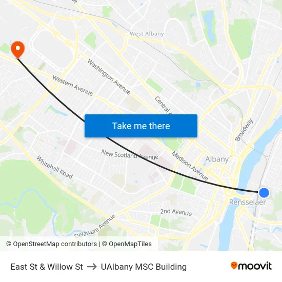 East St & Willow St to UAlbany MSC Building map
