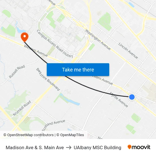 Madison Ave & S. Main Ave to UAlbany MSC Building map