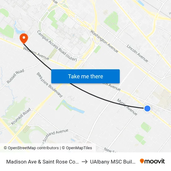 Madison Ave & Saint Rose College to UAlbany MSC Building map