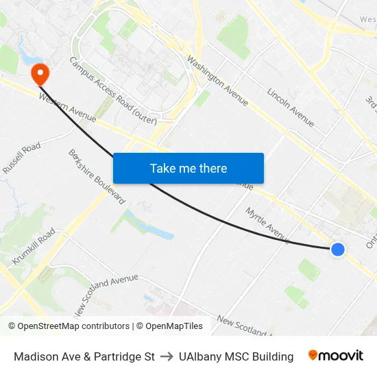 Madison Ave & Partridge St to UAlbany MSC Building map