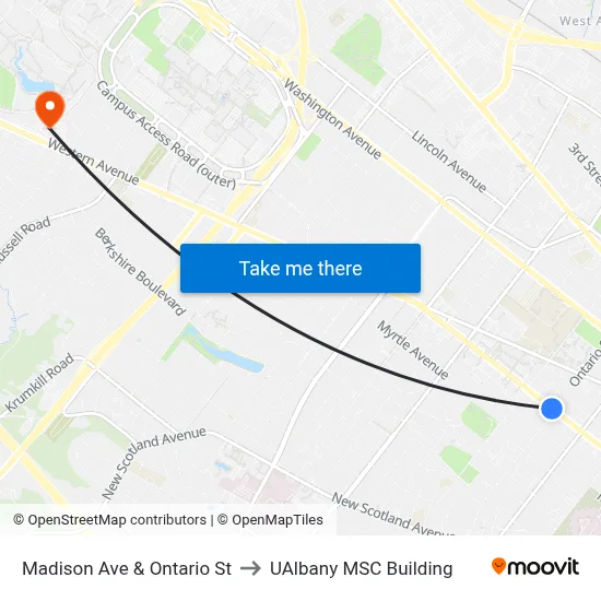 Madison Ave & Ontario St to UAlbany MSC Building map