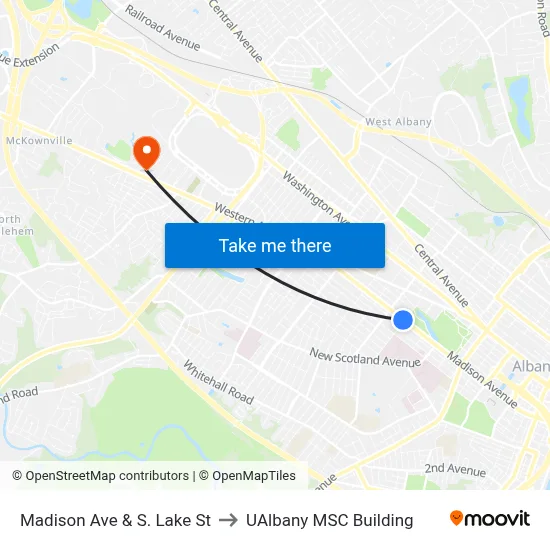 Madison Ave & S. Lake St to UAlbany MSC Building map
