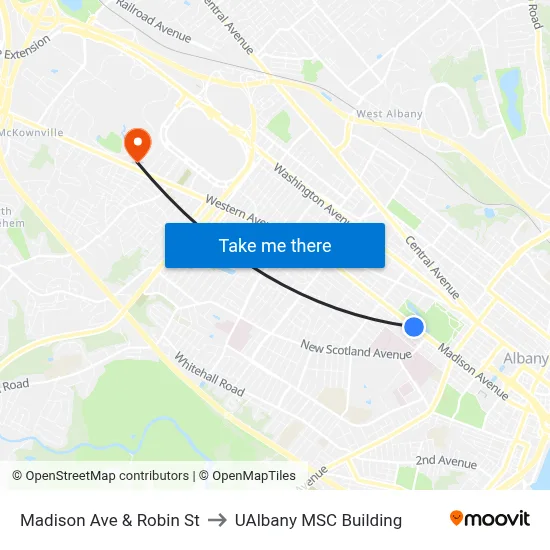 Madison Ave & Robin St to UAlbany MSC Building map