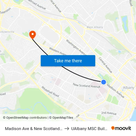 Madison Ave & New Scotland Ave to UAlbany MSC Building map