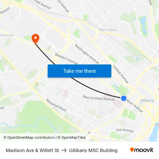 Madison Ave & Willett St to UAlbany MSC Building map