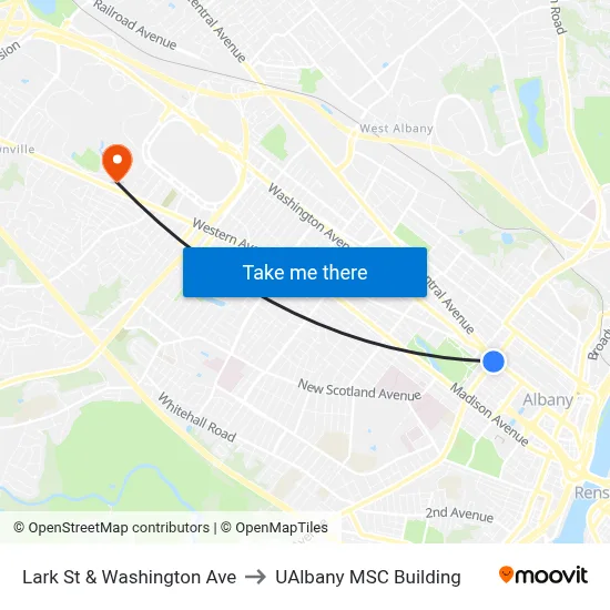 Lark St & Washington Ave to UAlbany MSC Building map