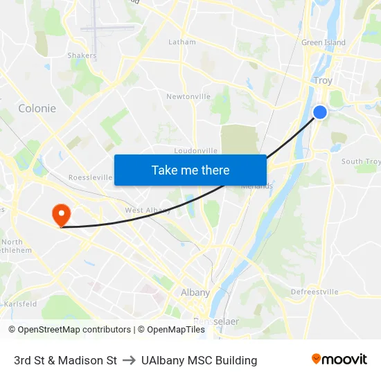 3rd St & Madison St to UAlbany MSC Building map
