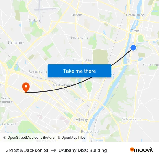 3rd St & Jackson St to UAlbany MSC Building map