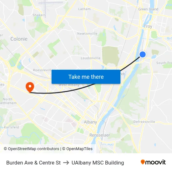 Burden Ave & Centre St to UAlbany MSC Building map