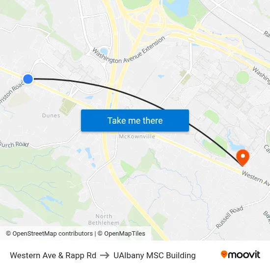 Western Ave & Rapp Rd to UAlbany MSC Building map
