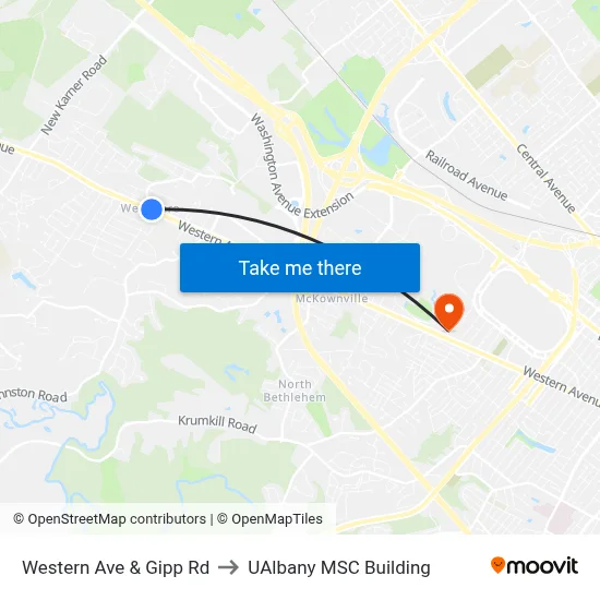 Western Ave & Gipp Rd to UAlbany MSC Building map