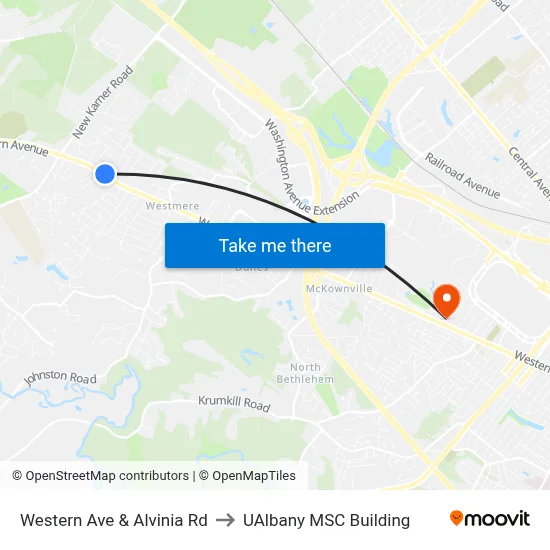 Western Ave & Alvinia Rd to UAlbany MSC Building map