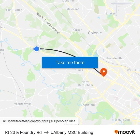 Rt 20 & Foundry Rd to UAlbany MSC Building map
