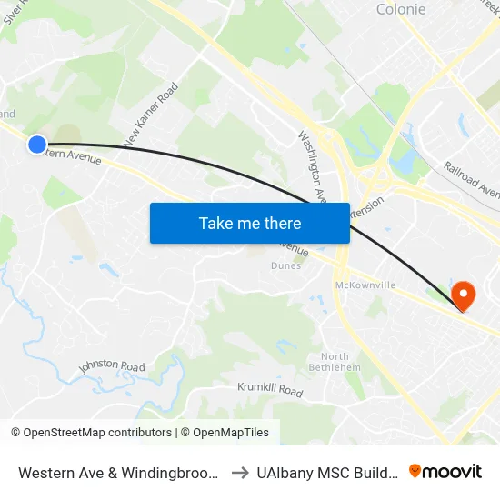 Western Ave & Windingbrook Dr to UAlbany MSC Building map
