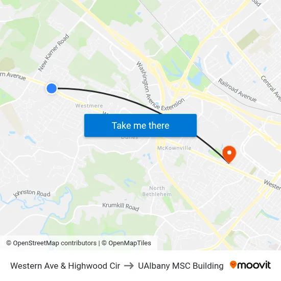 Western Ave & Highwood Cir to UAlbany MSC Building map
