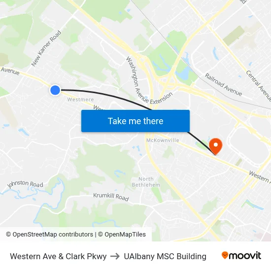 Western Ave & Clark Pkwy to UAlbany MSC Building map