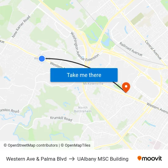 Western Ave & Palma Blvd to UAlbany MSC Building map