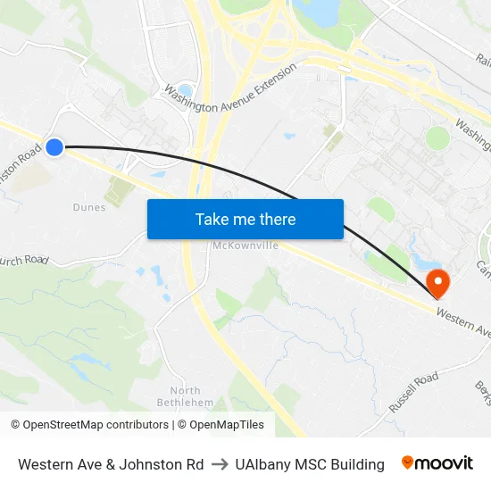 Western Ave & Johnston Rd to UAlbany MSC Building map