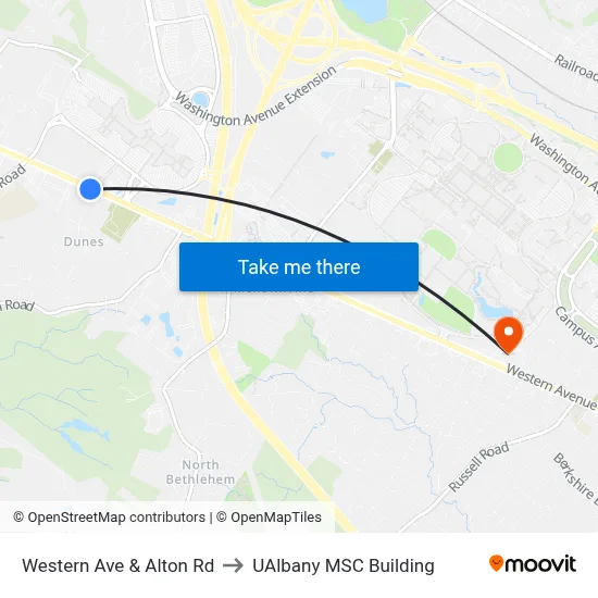 Western Ave & Alton Rd to UAlbany MSC Building map