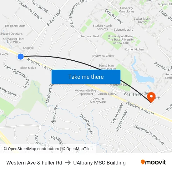 Western Ave & Fuller Rd to UAlbany MSC Building map