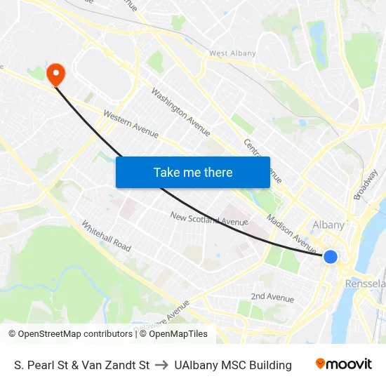 S. Pearl St & Van Zandt St to UAlbany MSC Building map