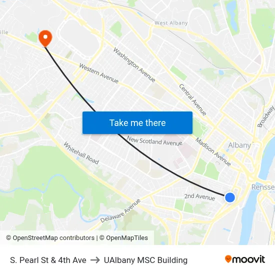 S. Pearl St & 4th Ave to UAlbany MSC Building map