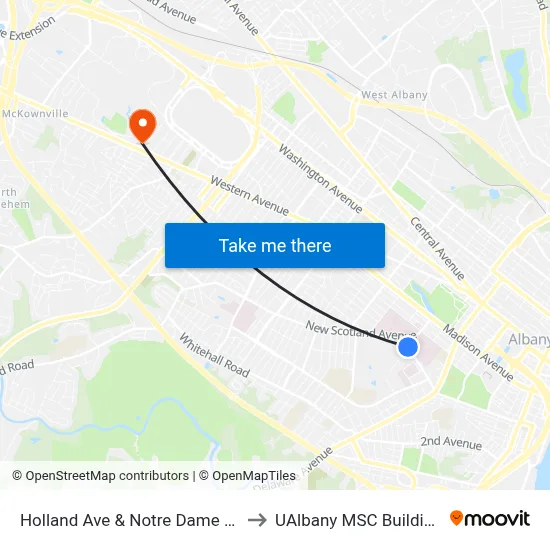 Holland Ave & Notre Dame Dr to UAlbany MSC Building map