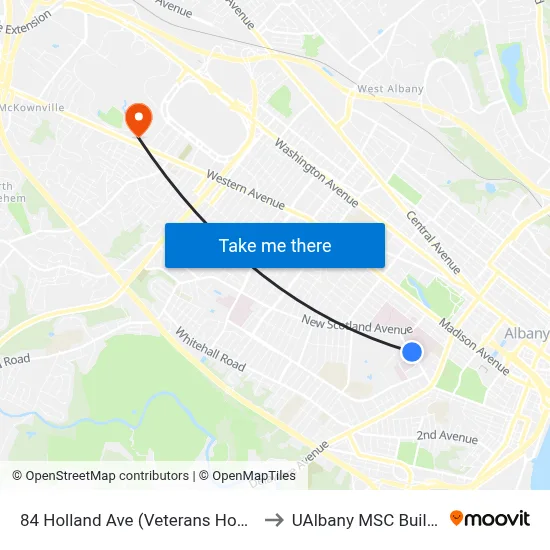 84 Holland Ave (Veterans Hospital) to UAlbany MSC Building map