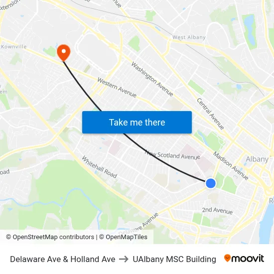 Delaware Ave & Holland Ave to UAlbany MSC Building map