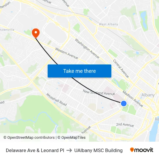 Delaware Ave & Leonard Pl to UAlbany MSC Building map