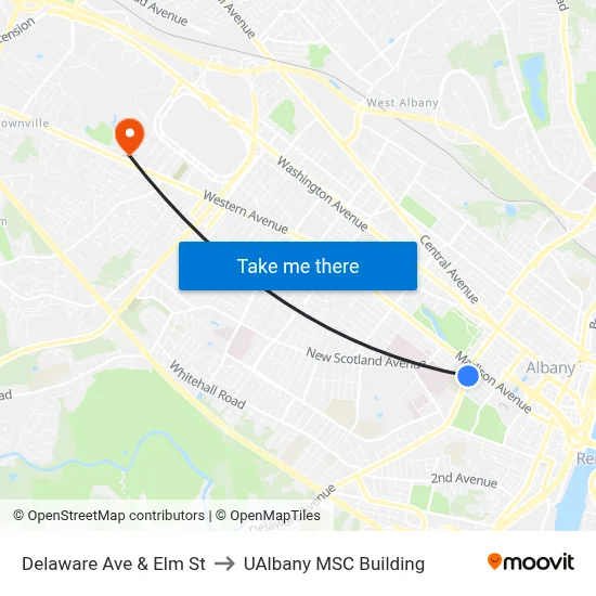 Delaware Ave & Elm St to UAlbany MSC Building map