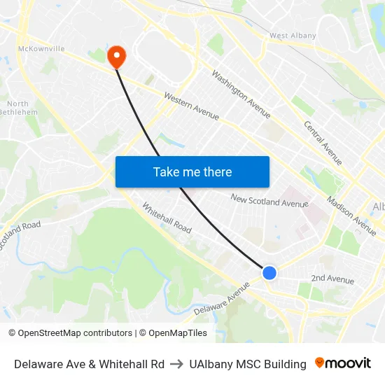 Delaware Ave & Whitehall Rd to UAlbany MSC Building map