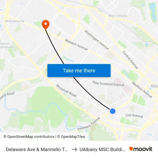 Delaware Ave & Marinello Terr to UAlbany MSC Building map
