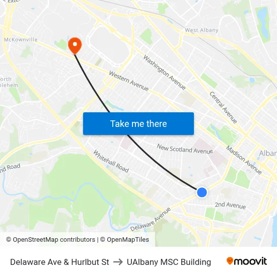Delaware Ave & Hurlbut St to UAlbany MSC Building map