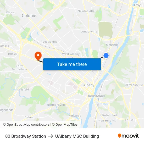 80 Broadway Station to UAlbany MSC Building map
