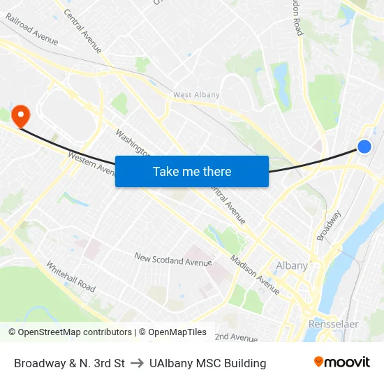 Broadway & N. 3rd St to UAlbany MSC Building map
