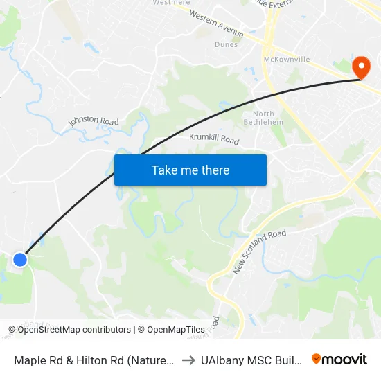 Maple Rd & Hilton Rd (Nature Bus) to UAlbany MSC Building map