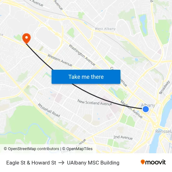 Eagle St & Howard St to UAlbany MSC Building map