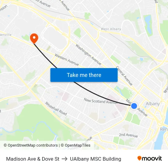 Madison Ave & Dove St to UAlbany MSC Building map