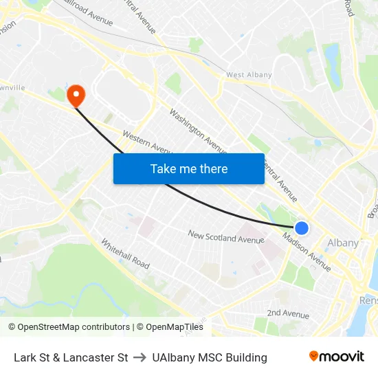 Lark St & Lancaster St to UAlbany MSC Building map
