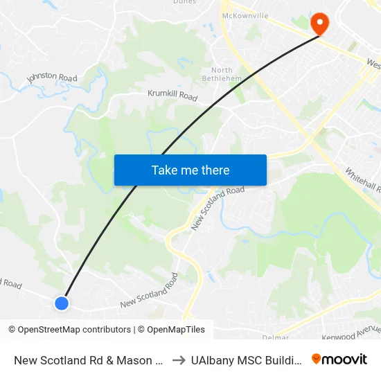 New Scotland Rd & Mason Ln to UAlbany MSC Building map
