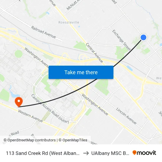 113 Sand Creek Rd (West Albany Fire Dept) to UAlbany MSC Building map