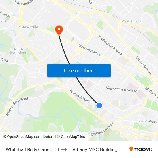 Whitehall Rd & Carisle Ct to UAlbany MSC Building map